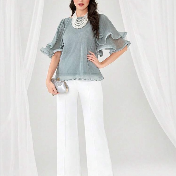 Elegant Sheer Ruffle Bell Sleeve Office Work EveningTop Blouse Shirt - Picture 4 of 6